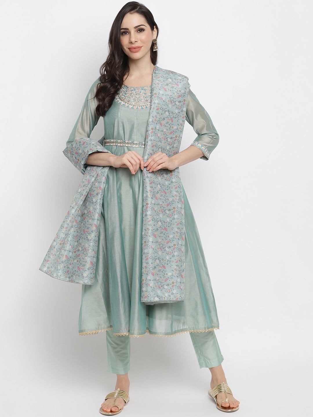 

IMARA Women Grey Printed Layered Kurta with Trousers & With Dupatta