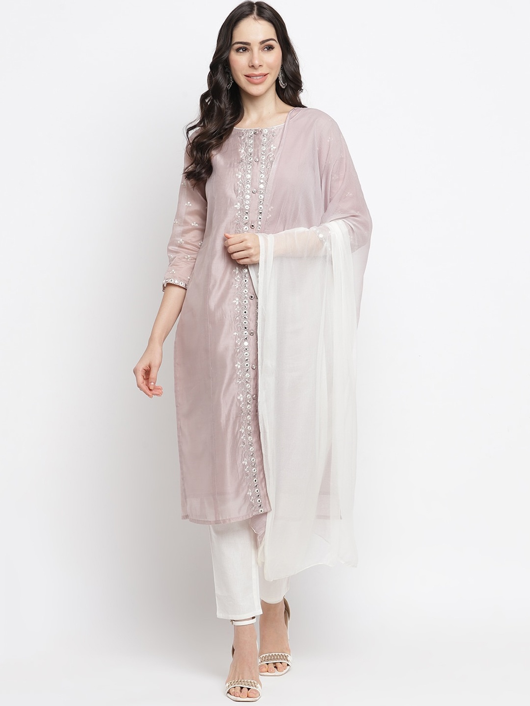 

IMARA Women Grey Embroidered Panelled Kurti with Trousers & With Dupatta