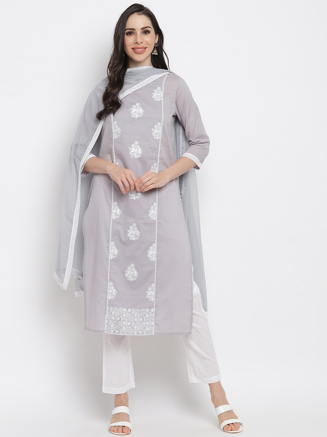 

IMARA Women Grey Embroidered Pure Cotton Kurti with Trousers & With Dupatta