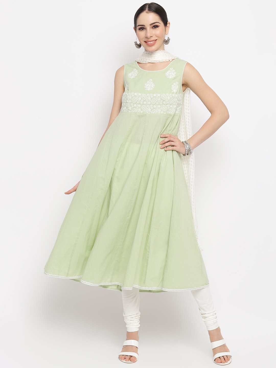

IMARA Women Green Embroidered Empire Pure Cotton Kurti with Churidar & With Dupatta
