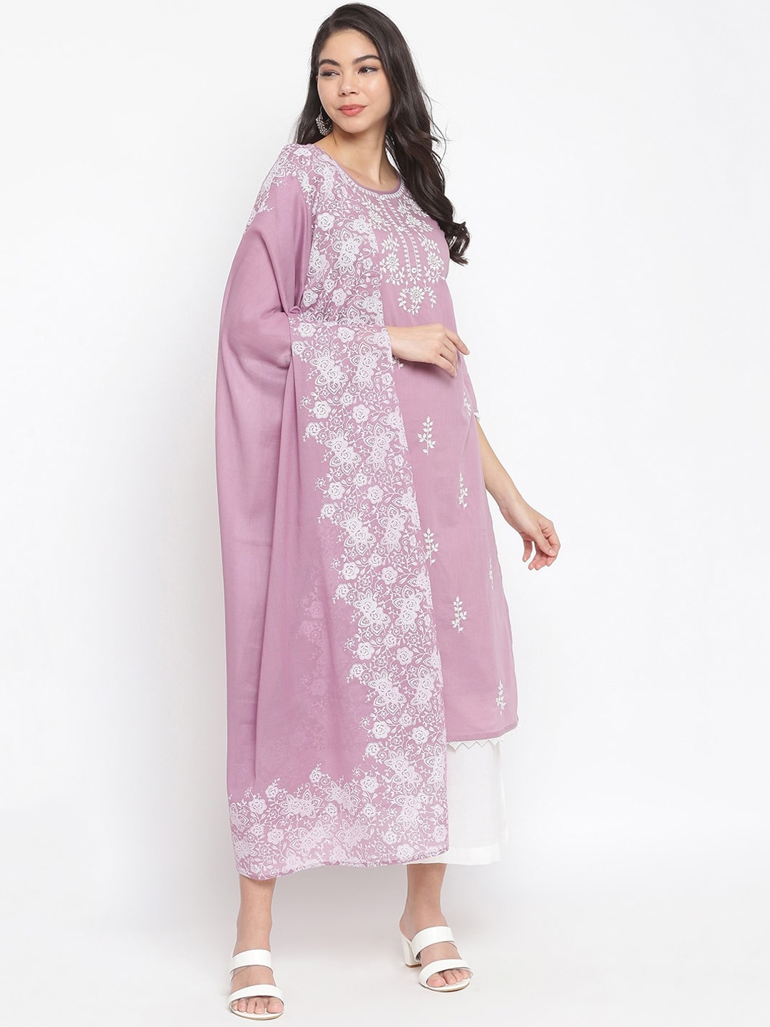 

IMARA Women Mauve Embroidered Pleated Kurti with Trousers & With Dupatta