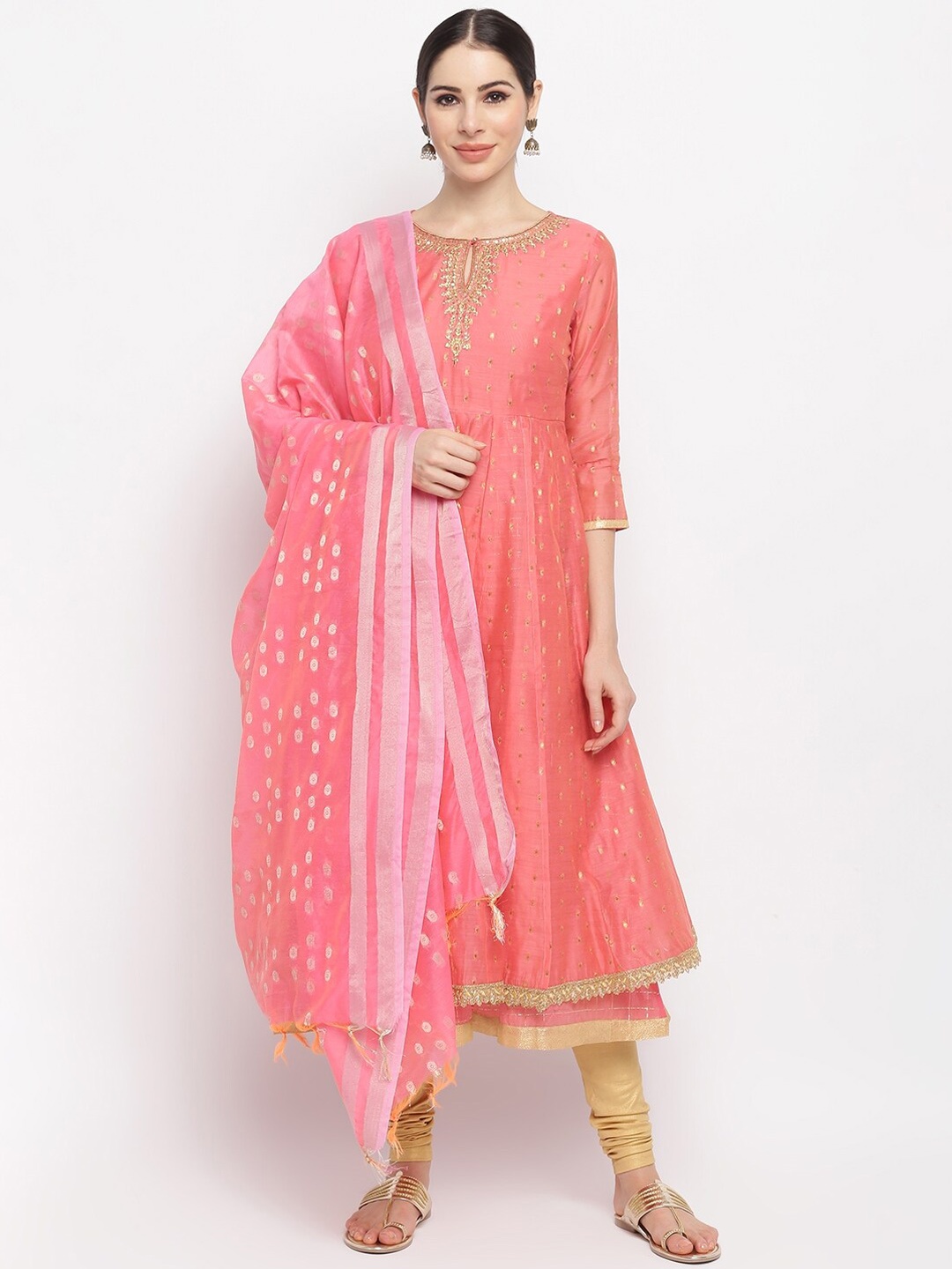 

IMARA Women Pink Ethnic Motifs Embroidered Layered Kurta with Churidar & With Dupatta