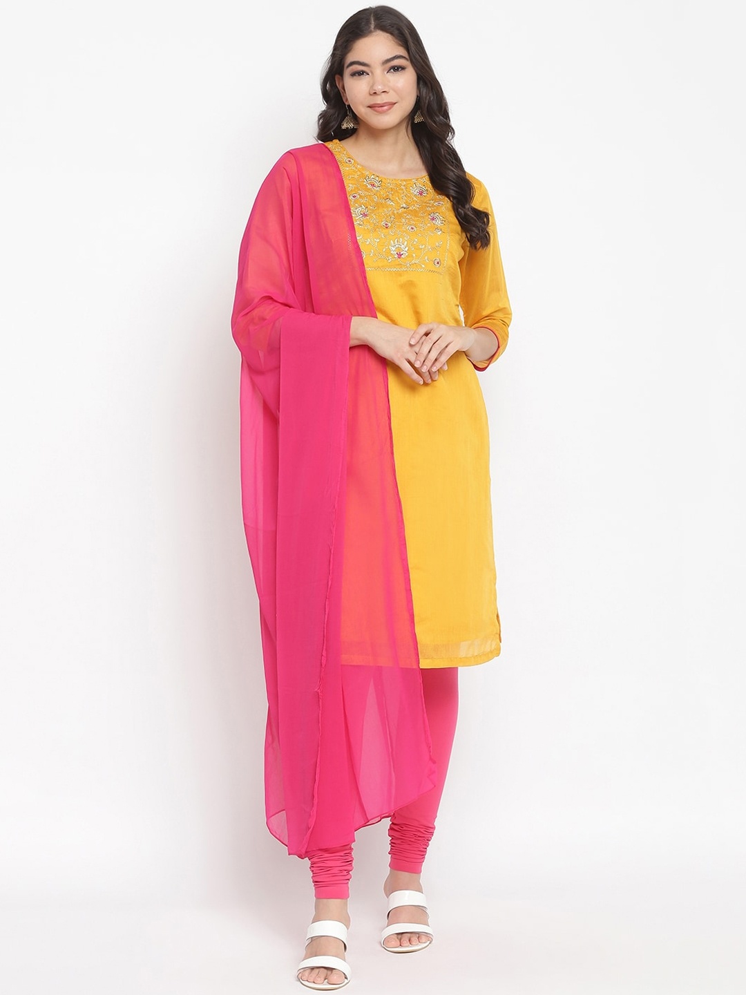 

IMARA Women Yellow Floral Embroidered Layered Kurti with Trousers & With Dupatta