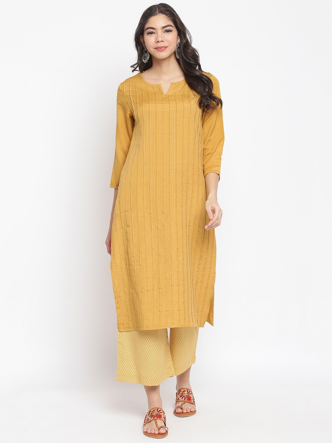 

IMARA Women Mustard Yellow Striped Liva Kurta with Palazzos