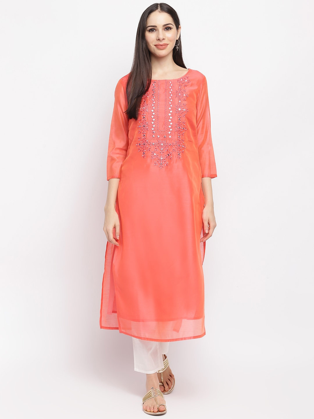 

IMARA Women Coral Floral Embroidered Panelled Kurti with Trousers