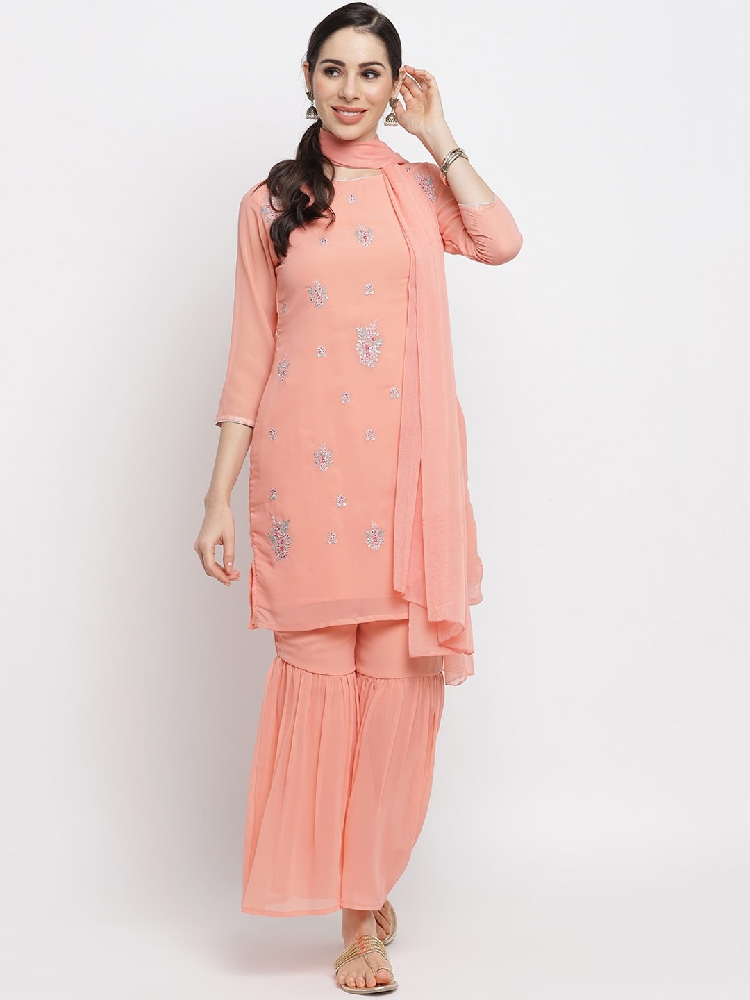 

IMARA Women Pink Ethnic Motifs Printed Kurta with Sharara & With Dupatta