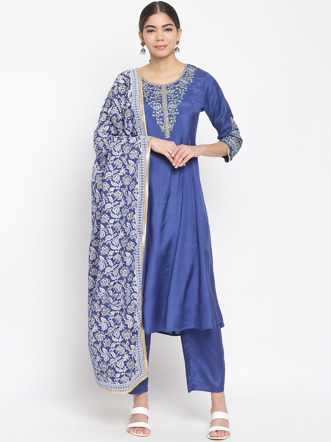 

IMARA Women Blue Floral Yoke Design Kurta with Trousers & With Dupatta