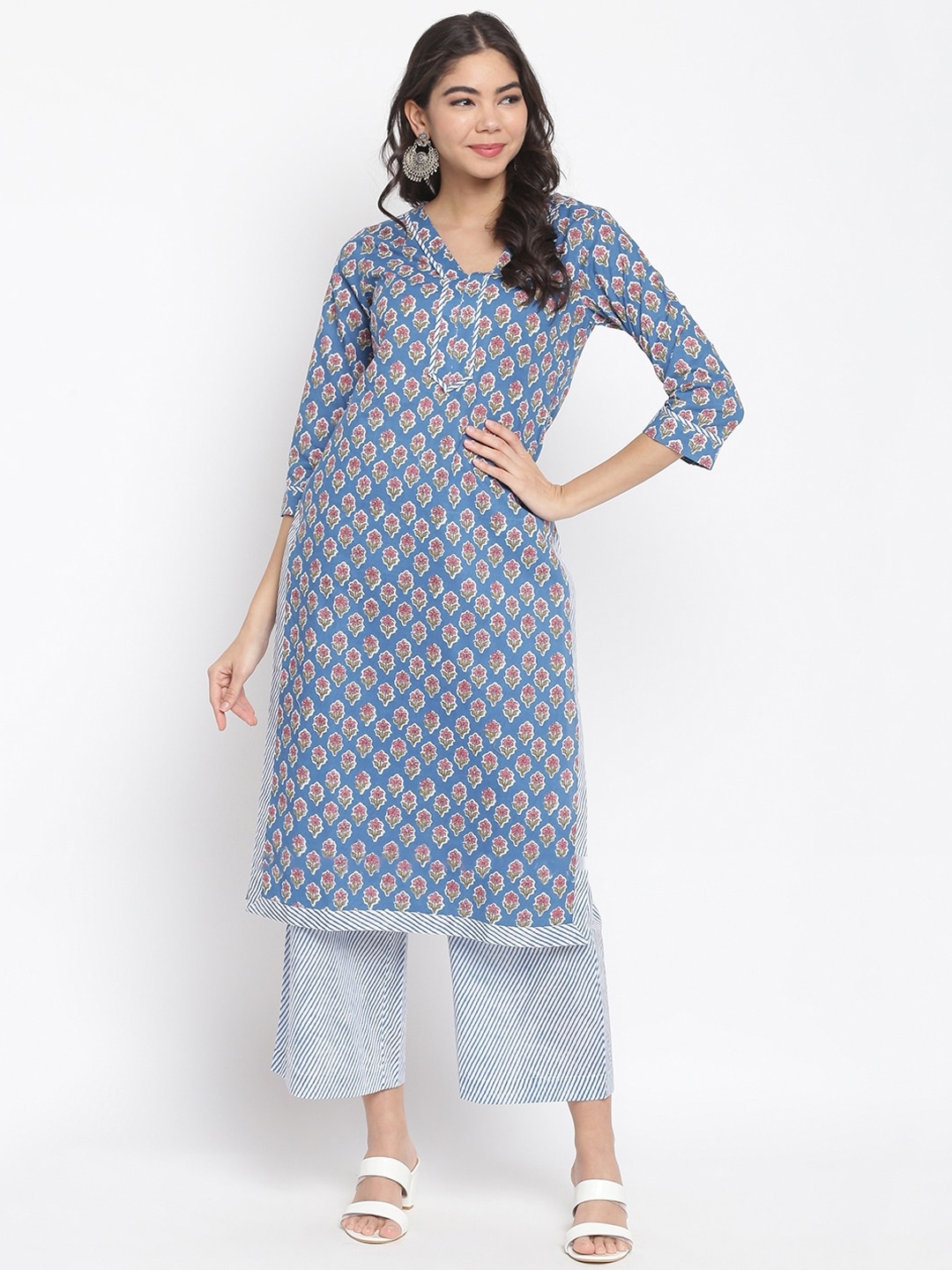 

IMARA Women Blue Ethnic Motifs Printed Pure Cotton Kurta with Palazzos