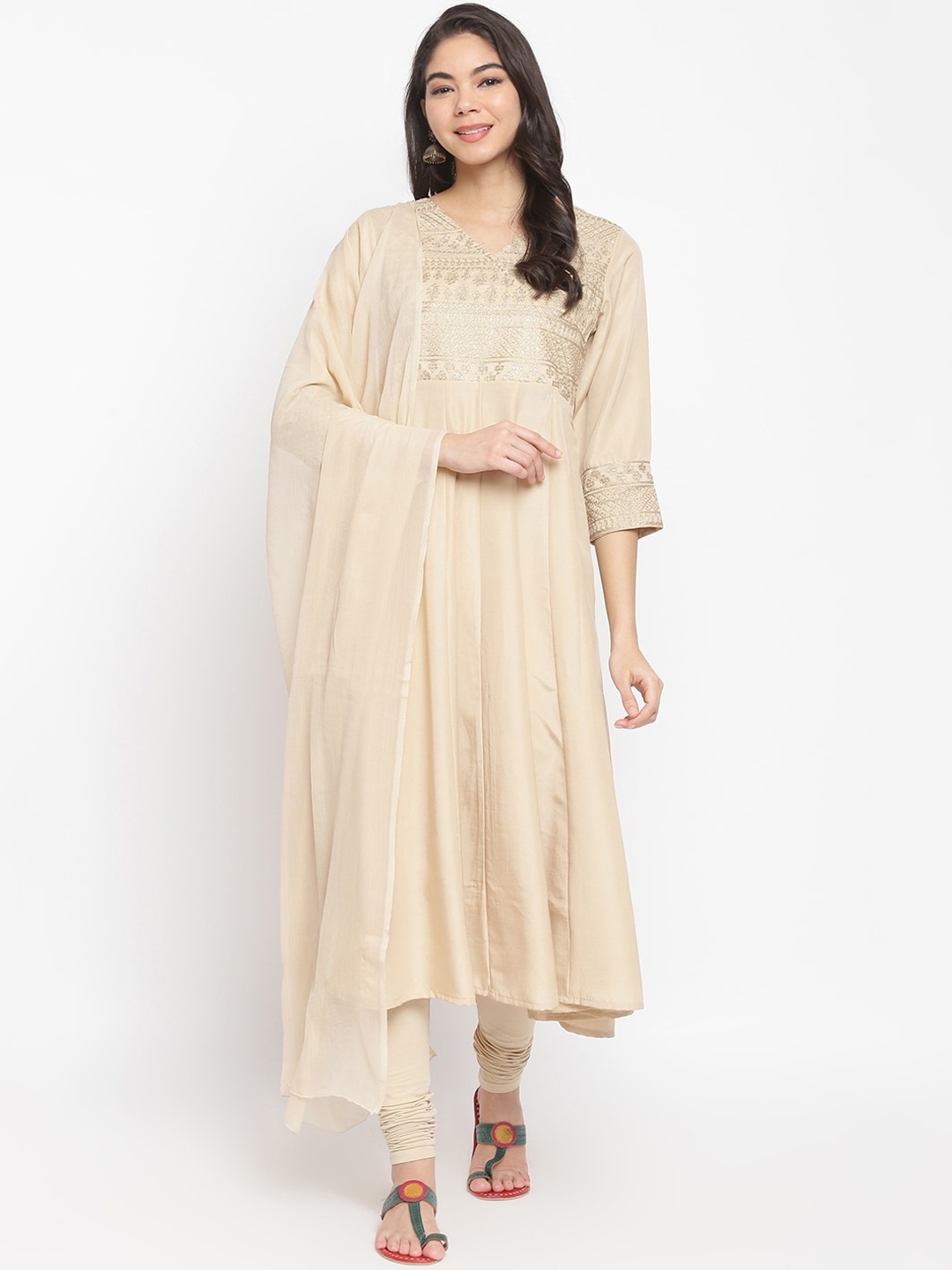 

IMARA Women Beige Floral Yoke Design Panelled Kurta with Churidar & With Dupatta