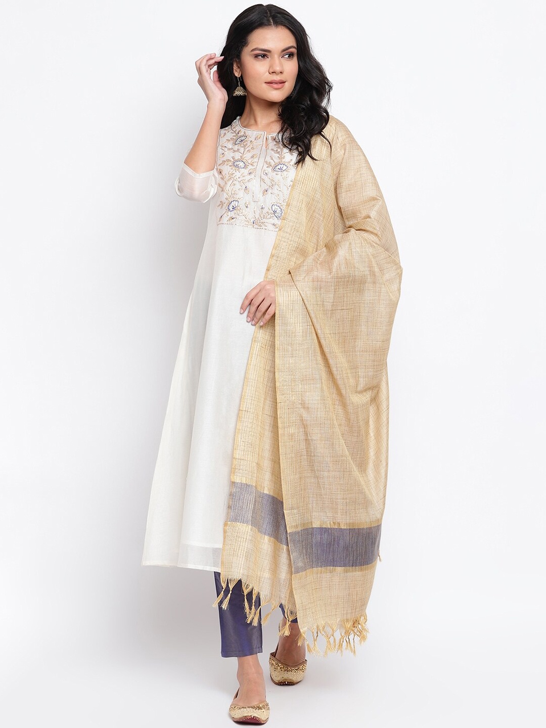 

IMARA Women White Floral Yoke Design Thread Work Kurta with Trousers & With Dupatta