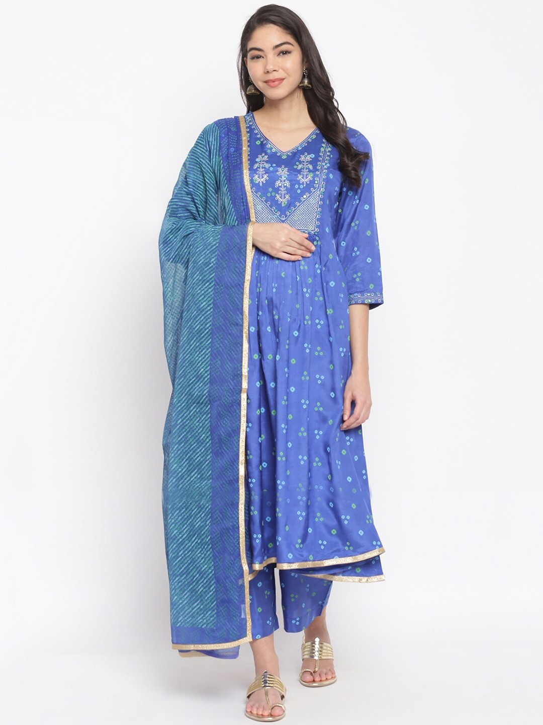 

IMARA Women Blue Floral Embroidered Kurta with Trousers & With Dupatta