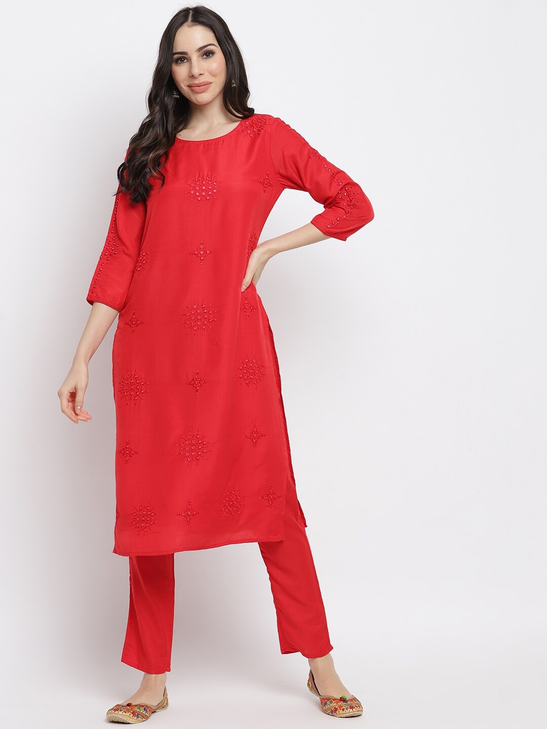 

IMARA Women Red Floral Embroidered Kurta with Trousers