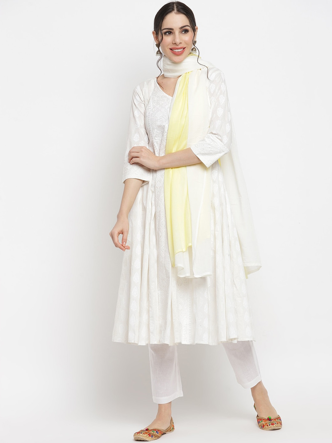 

IMARA Women Off White Ethnic Motifs Striped Pure Cotton Kurti with Trousers & With Dupatta
