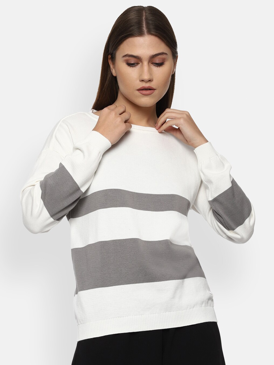 

Van Heusen Woman Women White & Grey Striped Cotton Pullover