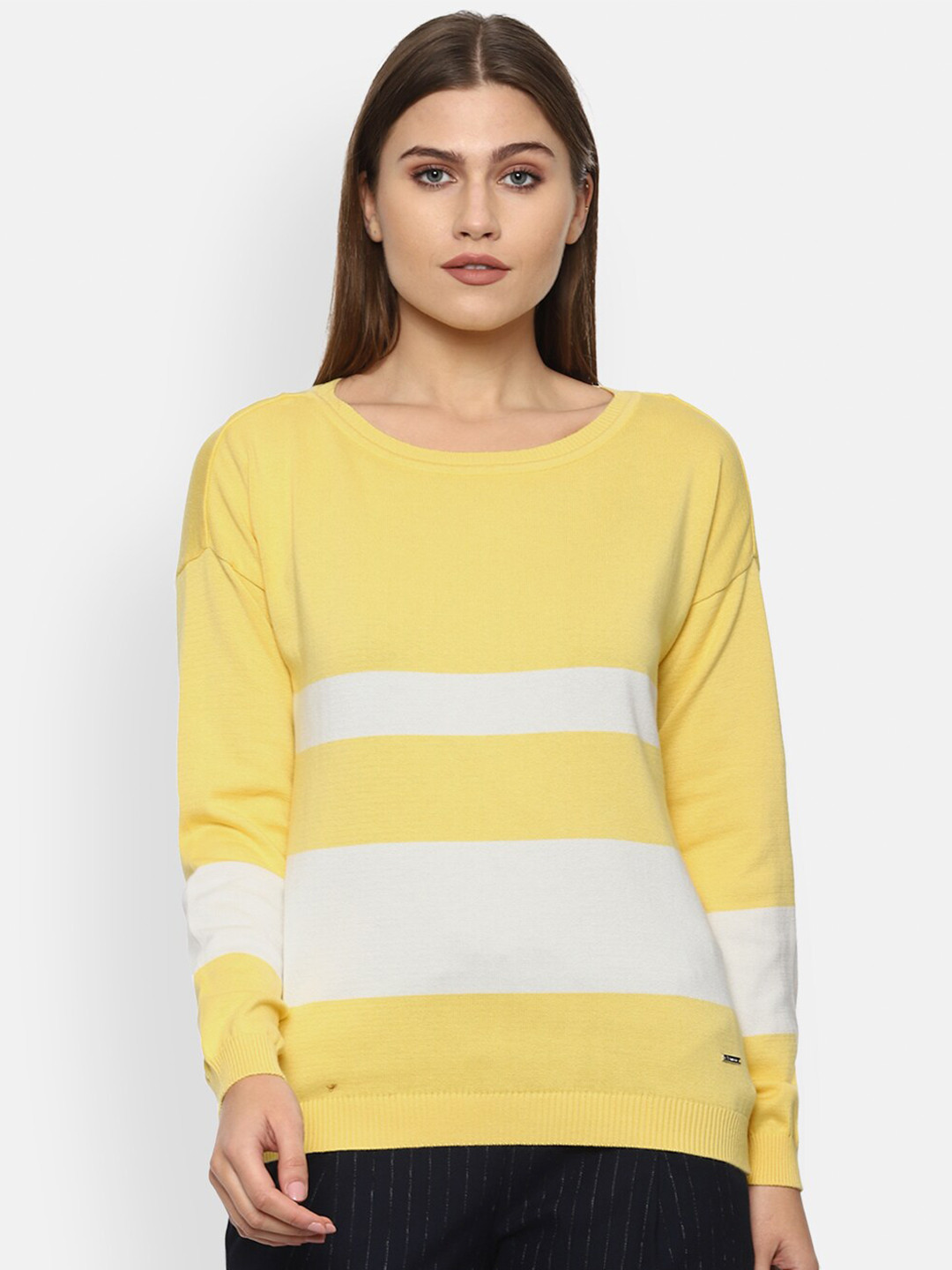 

Van Heusen Woman Women Yellow & White Striped Cotton Pullover