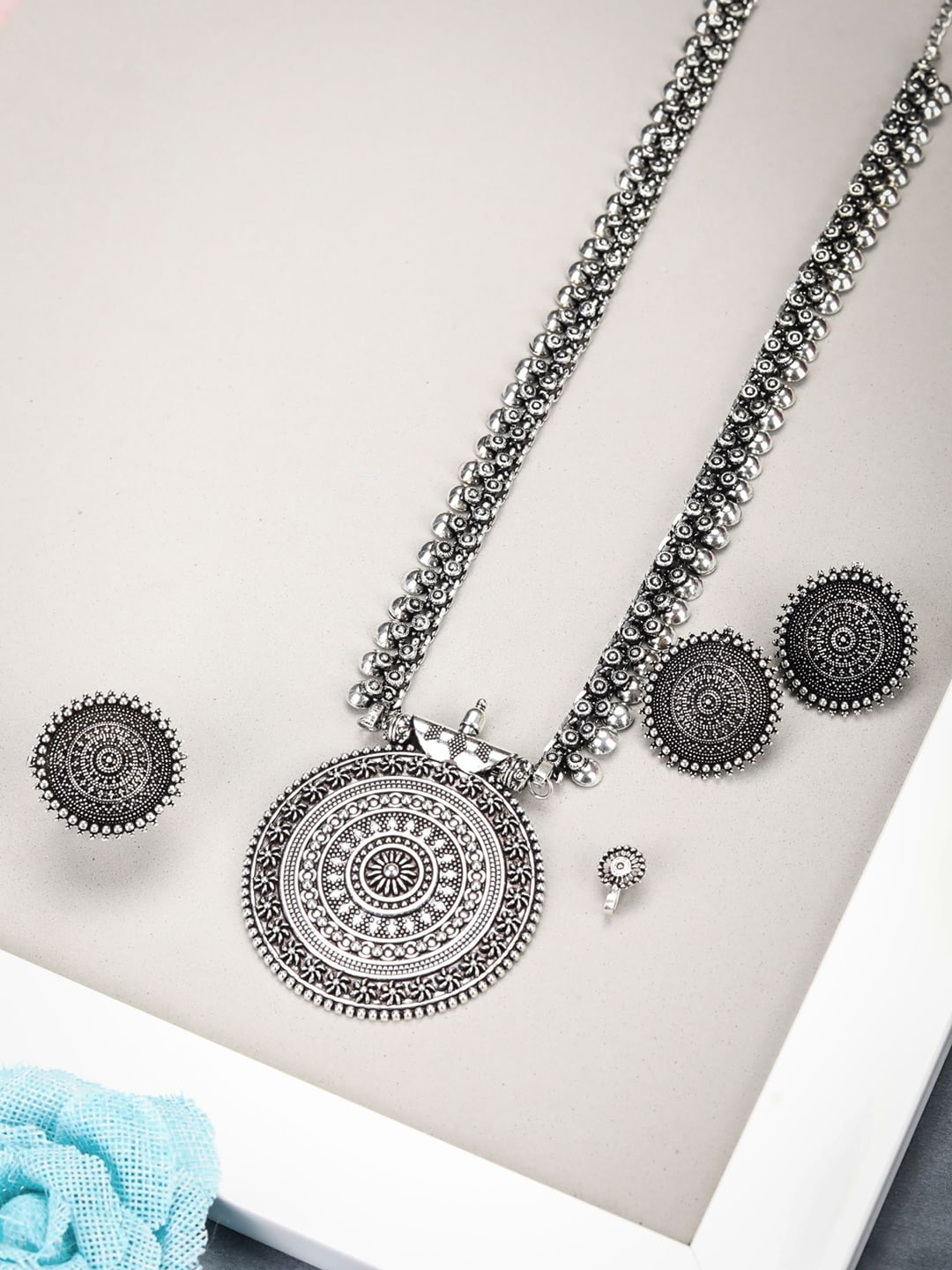 

Priyaasi Silver-Plated Handcrafted Spherical Jewellery Set with Ring and NosePin