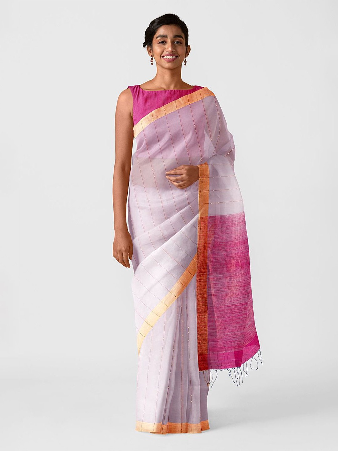 

Taneira White & Pink Striped Bengal Organza Saree
