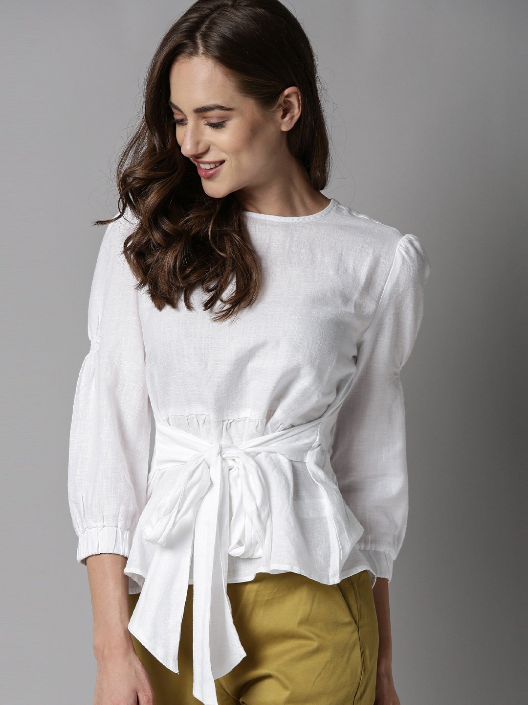 

RAREISM Women White Puff Sleeve Cinched Waist Top