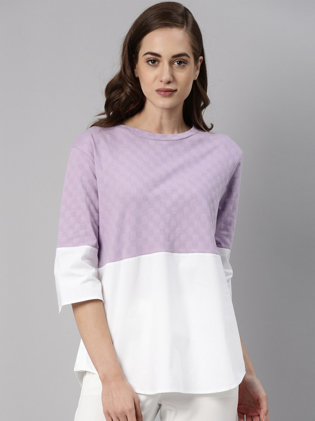 

RAREISM Women Lavender & White Colourblocked Regular Top