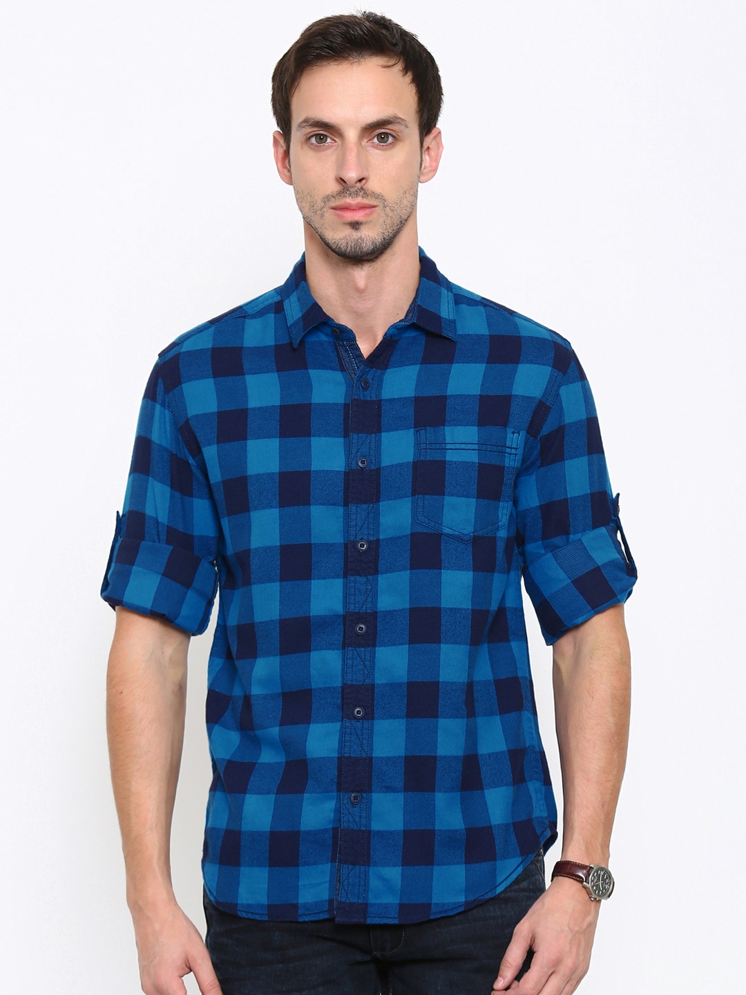

LOCOMOTIVE Men Blue Regular Fit Checked Casual Shirt, Navy blue