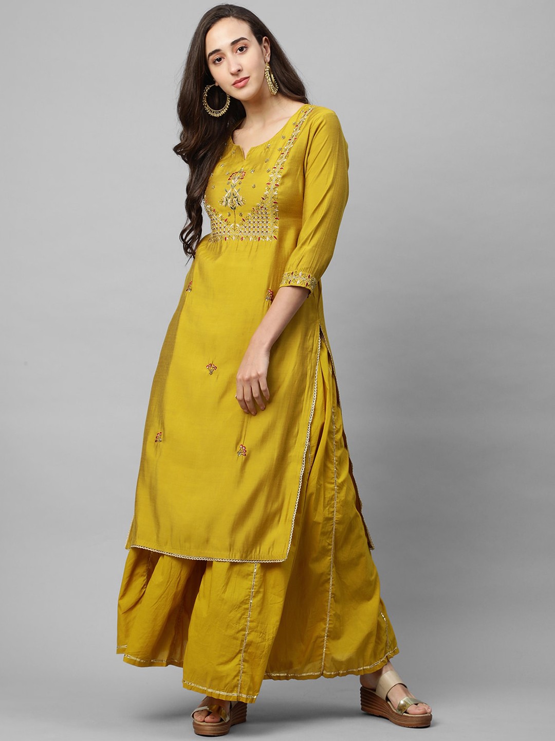 

FASHOR Women Mustard Yellow Ethnic Motifs Yoke Design Kurta with Sharara