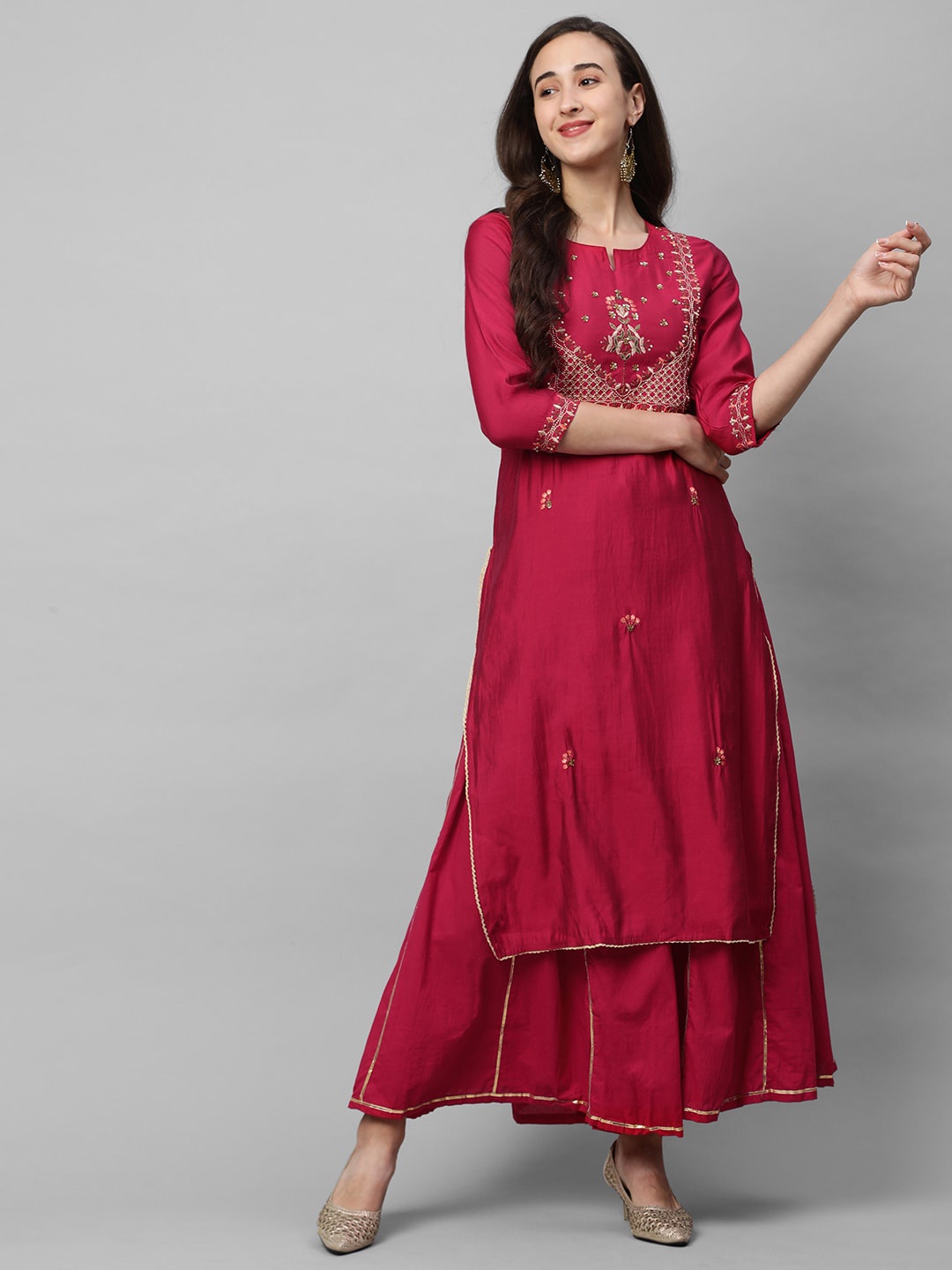 

FASHOR Women Pink Floral Yoke Design Panelled Kurta with Palazzos