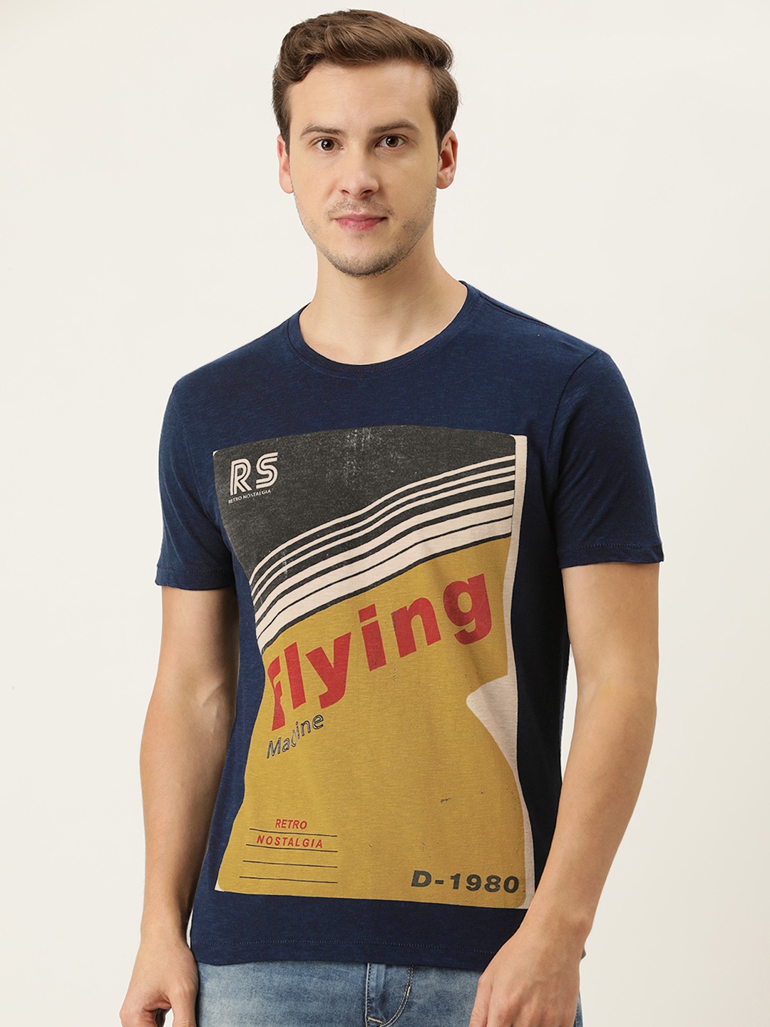 

Flying Machine Men Navy Blue Brand Logo Printed Pure Cotton T-shirt