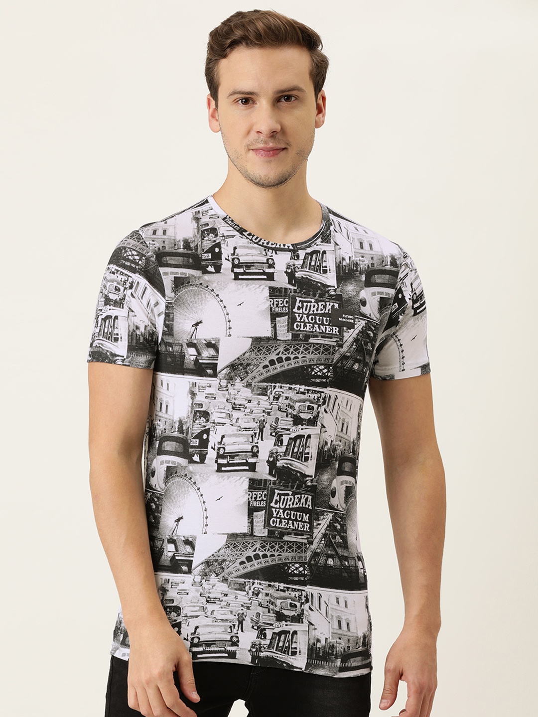 

Flying Machine Men White Black Printed Pure Cotton T-shirt