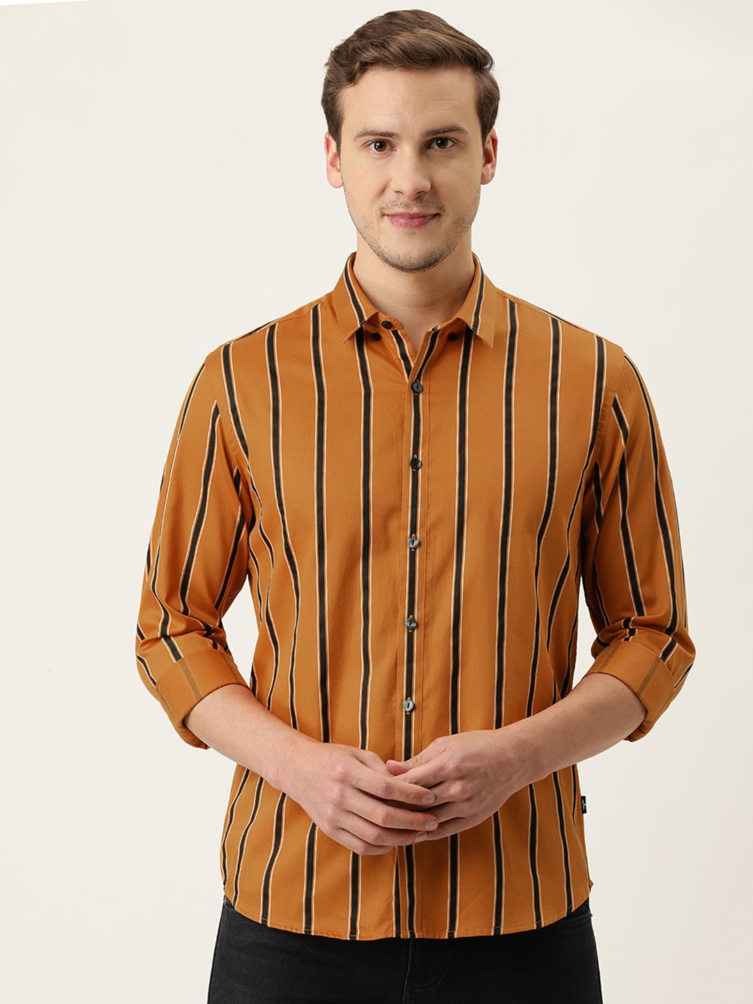 

Flying Machine Men Mustard Slim Fit Opaque Striped Casual Shirt