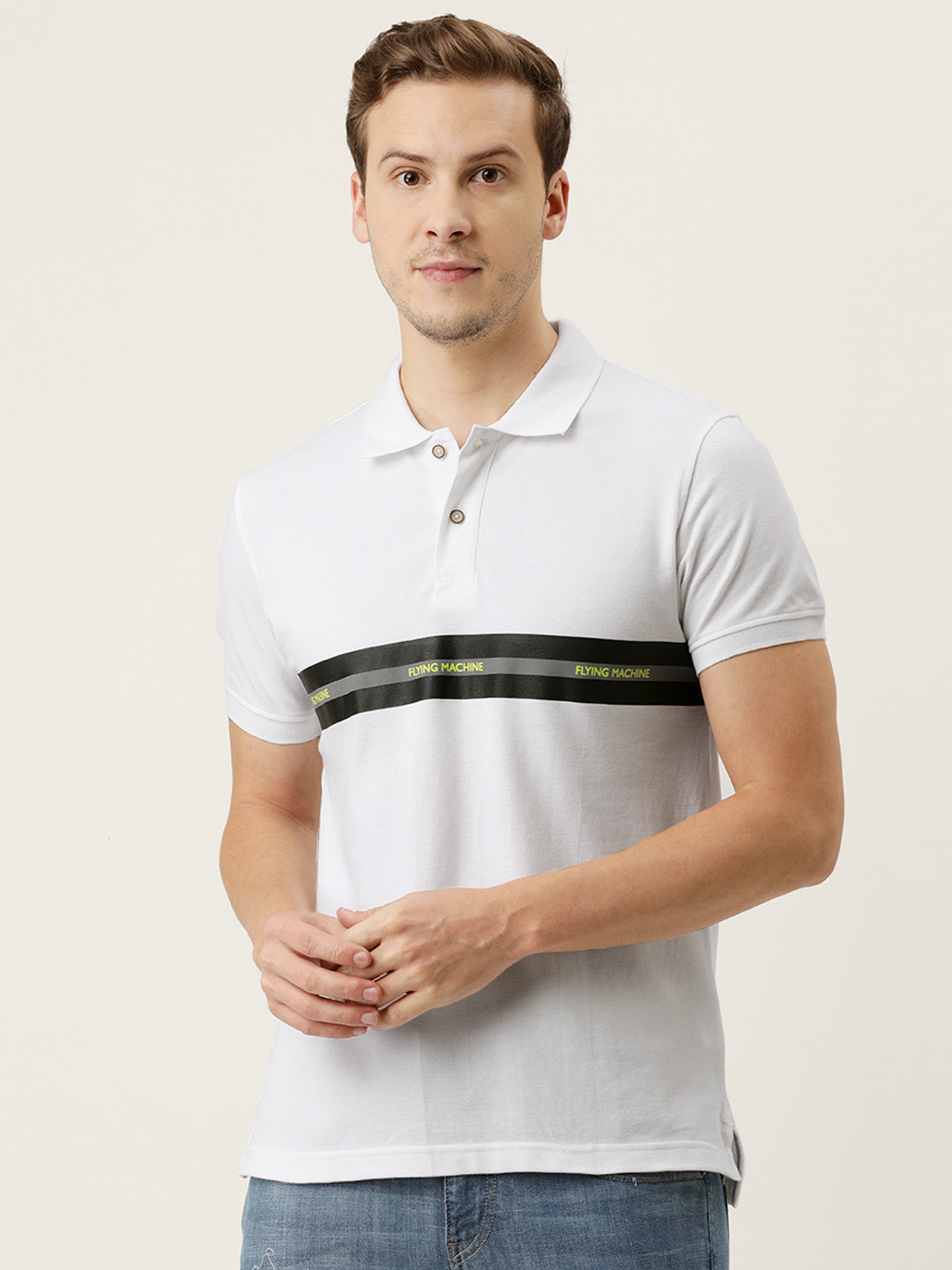 

Flying Machine Men White & Black Striped Polo Collar T-shirt