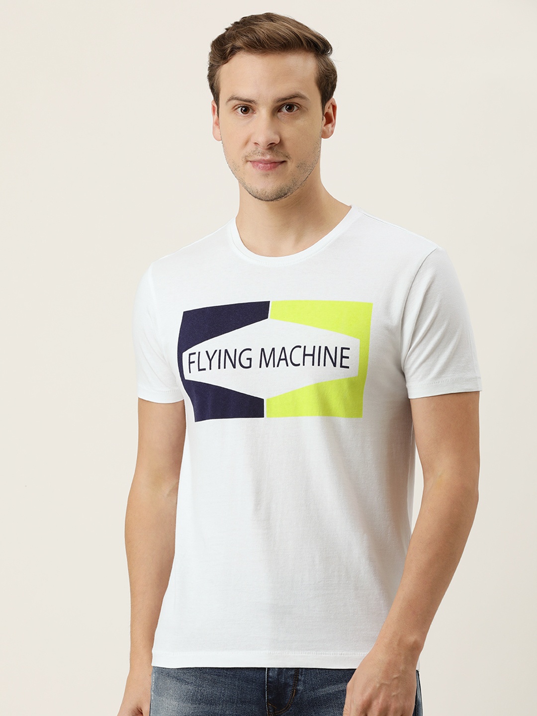 

Flying Machine Men White Brand Logo Printed Pure Cotton T-shirt