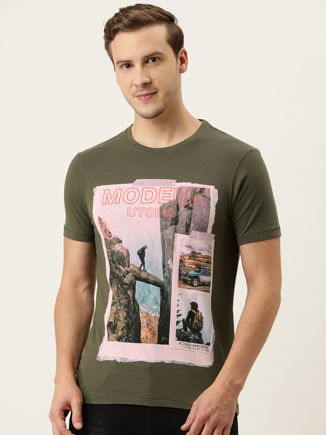 

Flying Machine Men Green Printed Round Neck Pure Cotton T-shirt, Olive