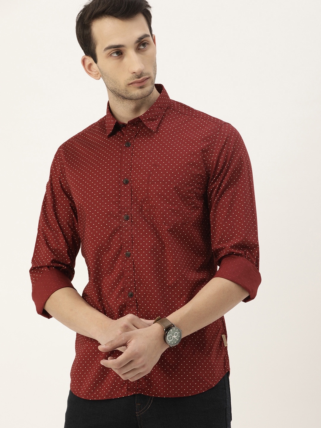 

Flying Machine Men Maroon & White Slim Fit Opaque Printed Casual Shirt