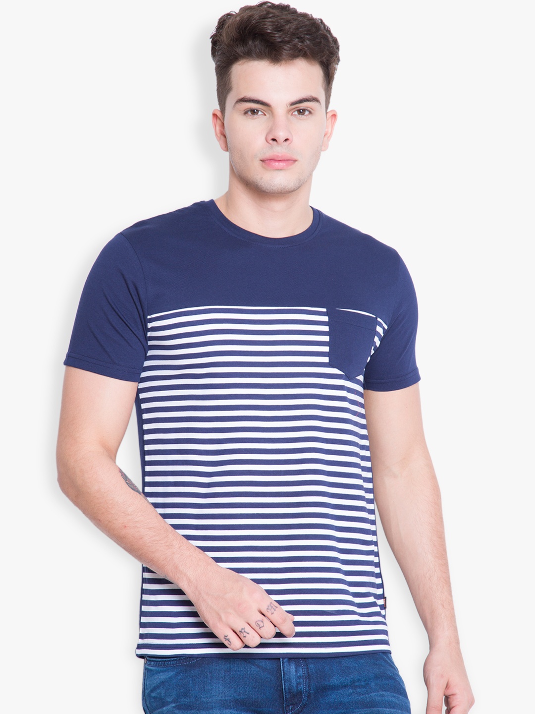 

HIGHLANDER Men Navy & White Striped T-shirt, Navy blue