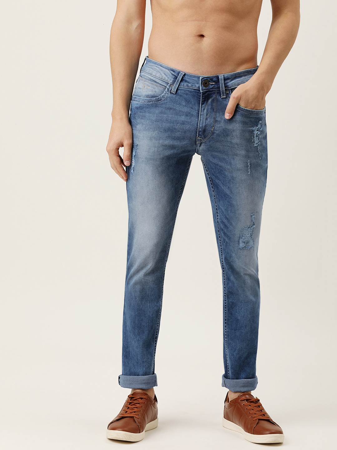 

Flying Machine Men Blue Micheal Slim Tapered Fit Mildly Distressed Stretchable Jeans