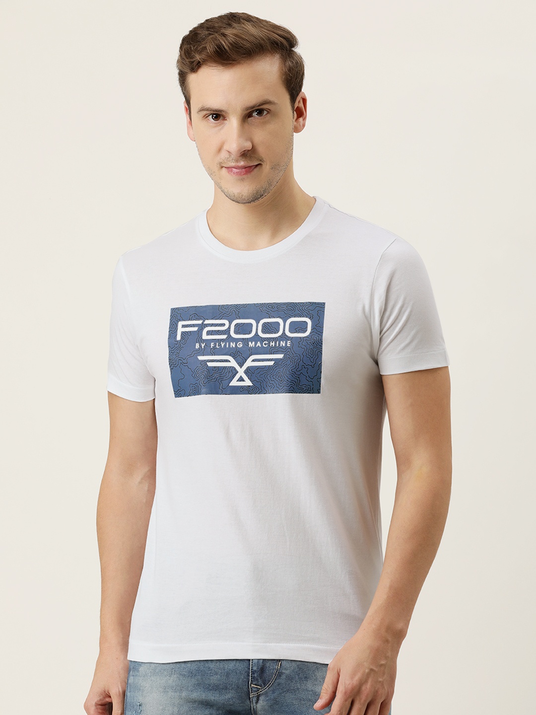 

Flying Machine Men White Slim Fit Brand Logo Printed Pure Cotton T-shirt