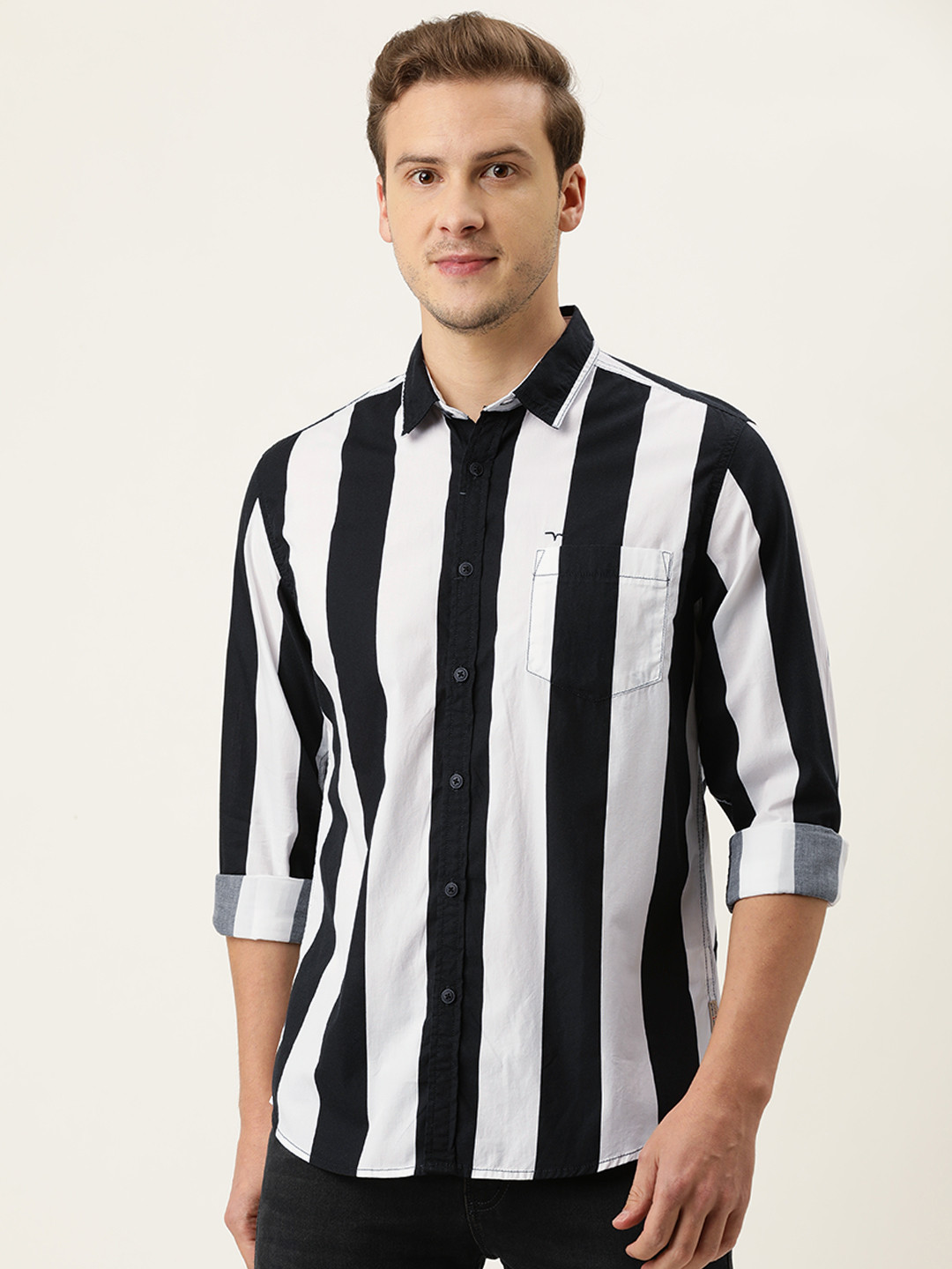 

Flying Machine Men Black Slim Fit Opaque Striped Casual Shirt