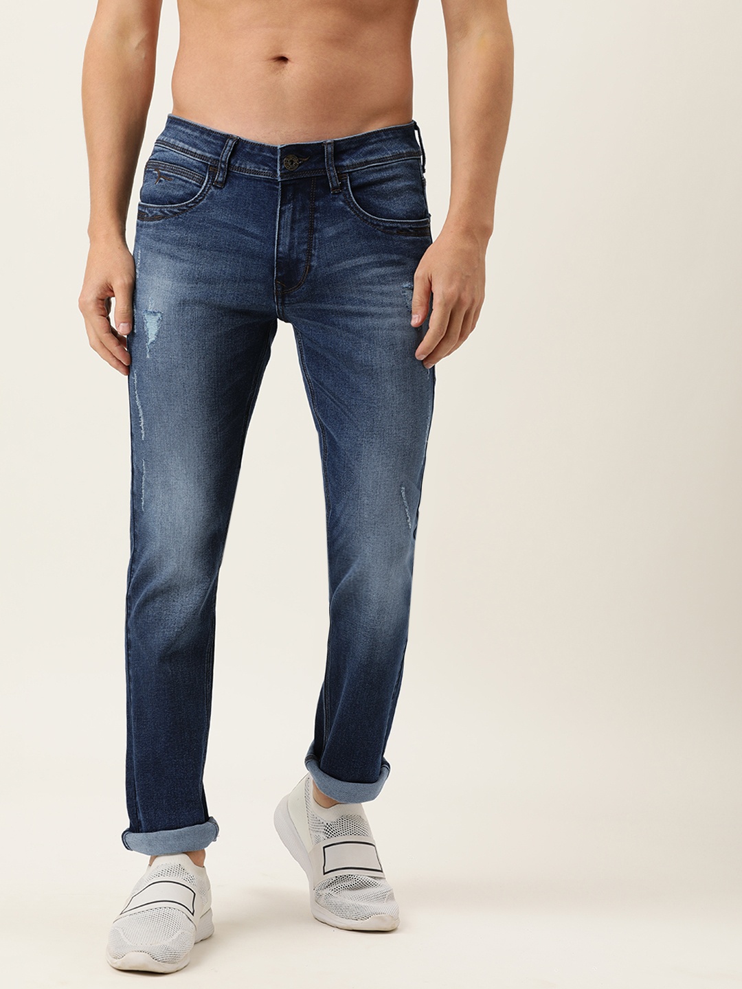

Flying Machine Men Blue Slim Tapered Michael Fit Low Distress Heavy Fade Stretchable Jeans