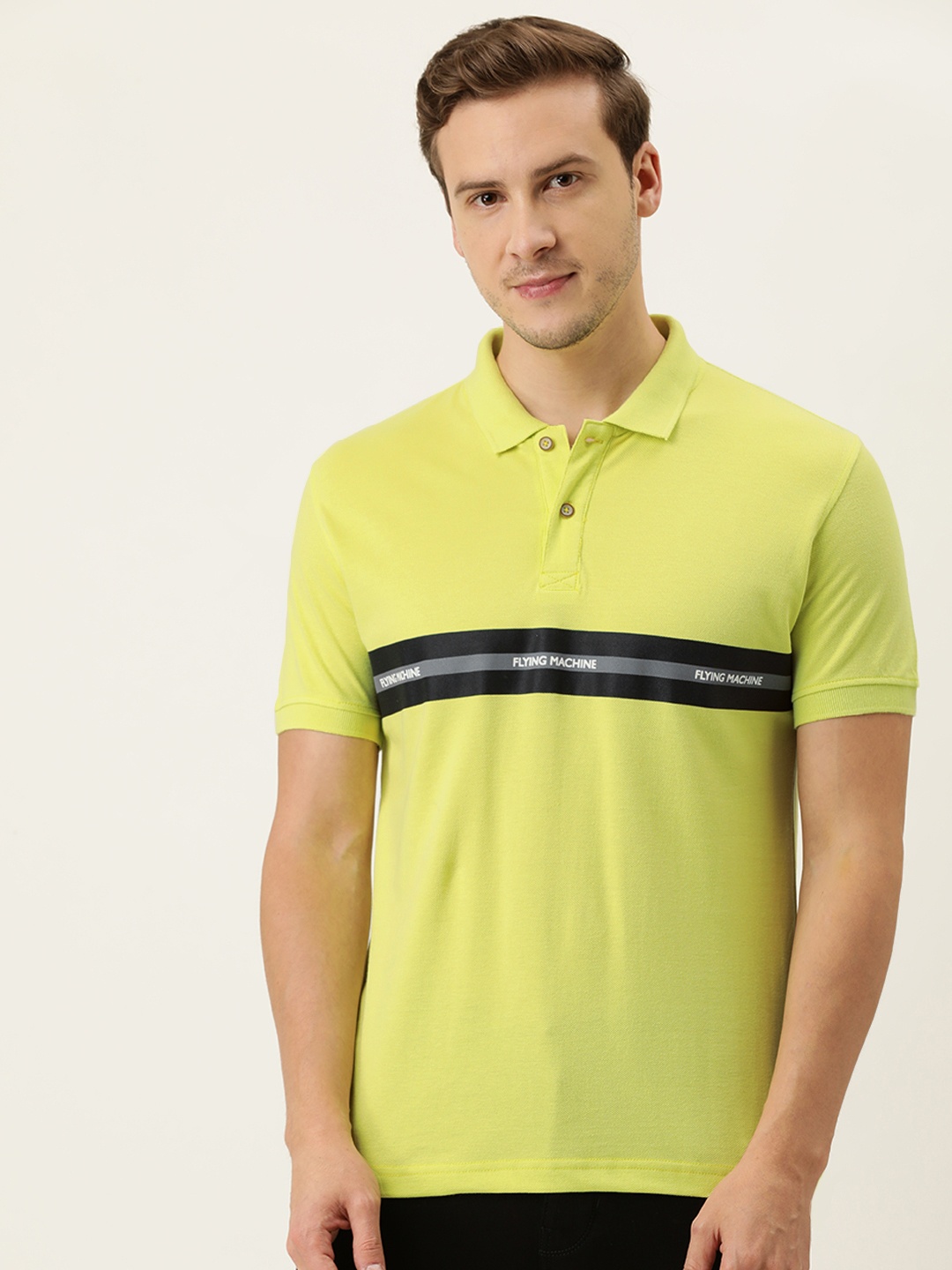 

Flying Machine Men Yellow Black Brand Logo Polo Collar Pure Cotton T-shirt