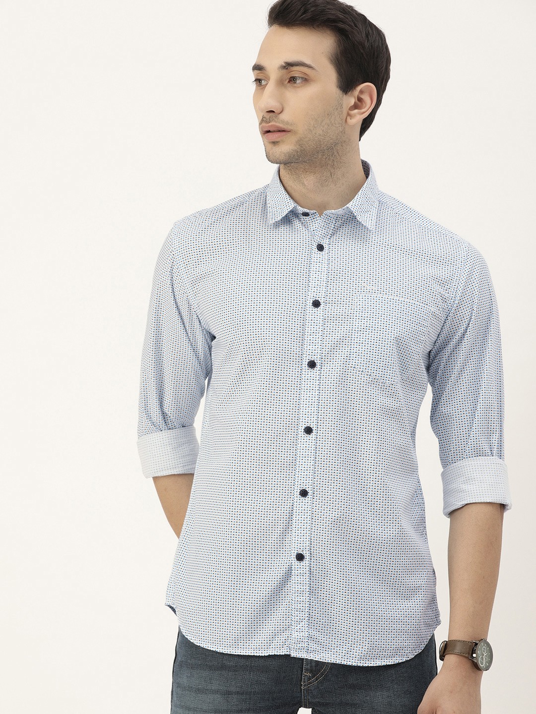 

Flying Machine Men Blue & White Slim Fit Opaque Printed Casual Shirt