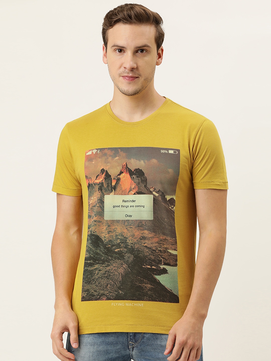 

Flying Machine Men Mustard Yellow Printed Pure Cotton T-shirt
