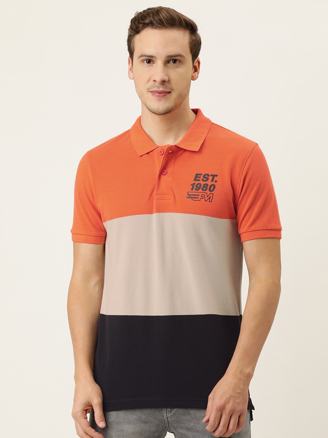 

Flying Machine Men Coral Grey Colourblocked Polo Collar Pure Cotton T-shirt