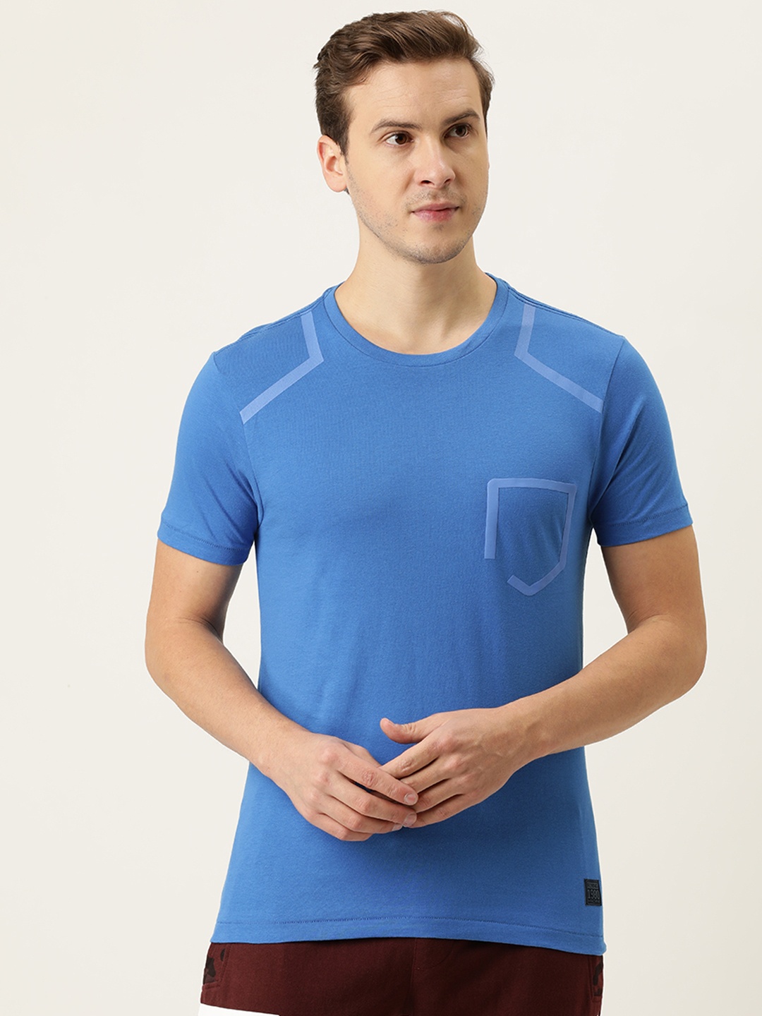 

Flying Machine Men Blue Solid Pure Cotton T-shirt with Printed Detail