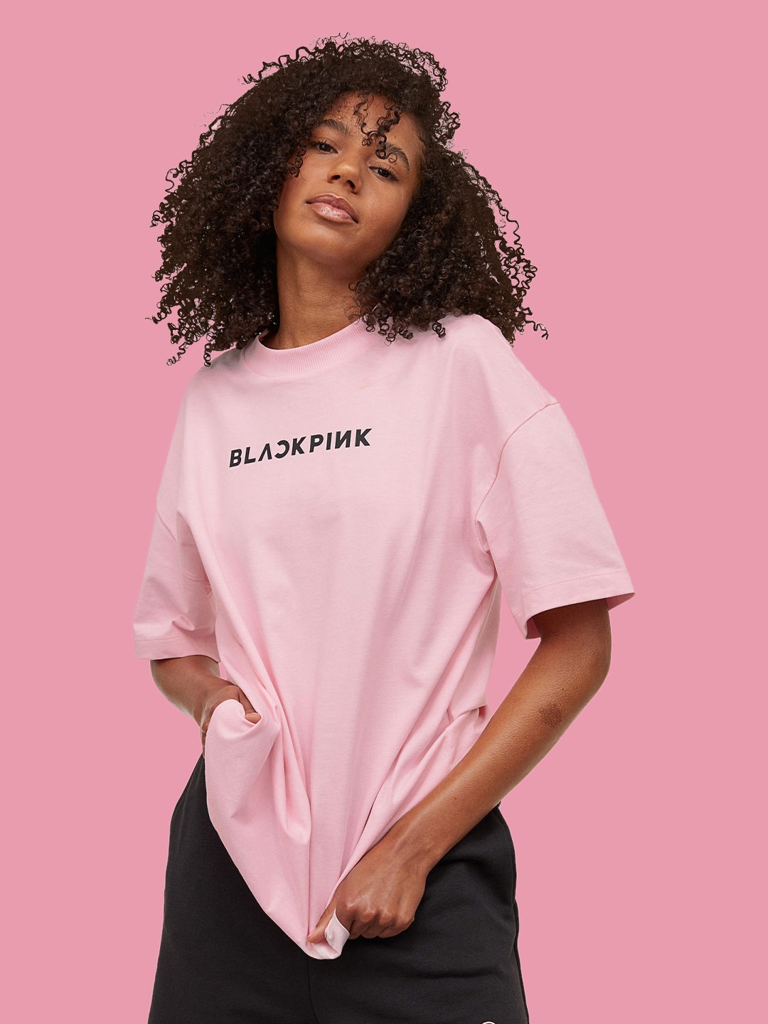 

HM Women Pink Black Typography Printed Extended Sleeves Pure Cotton T-shirt