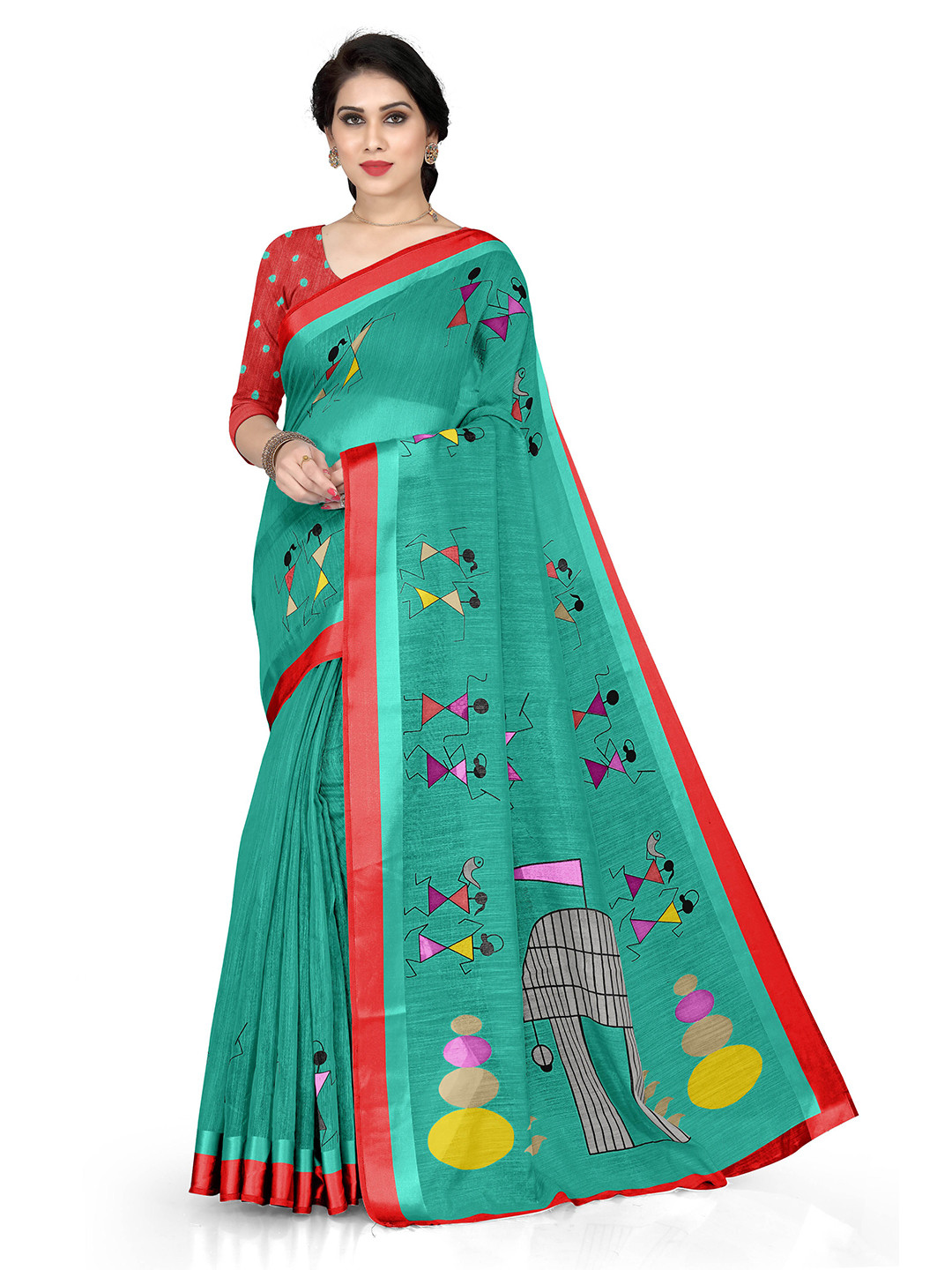 

KALINI Green & Red Warli Printed Designer Saree
