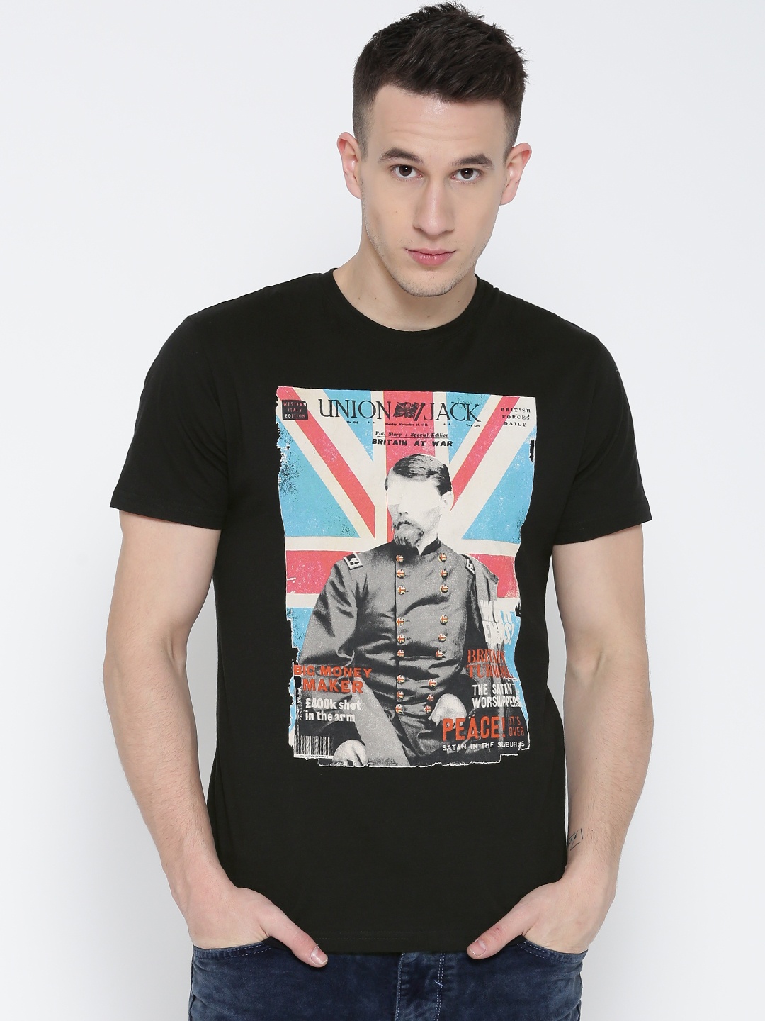 

LOCOMOTIVE Men Black Printed Round Neck Pure Cotton T-shirt