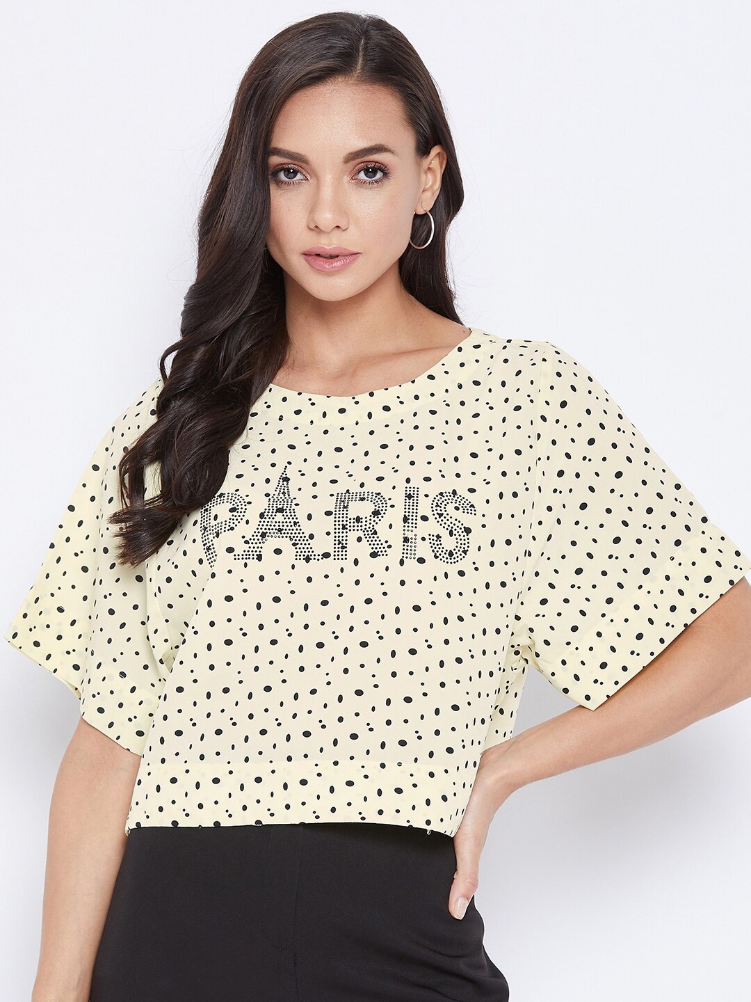 

Ruhaans women Yellow Batwing Sleeve Crepe Boxy Crop Top