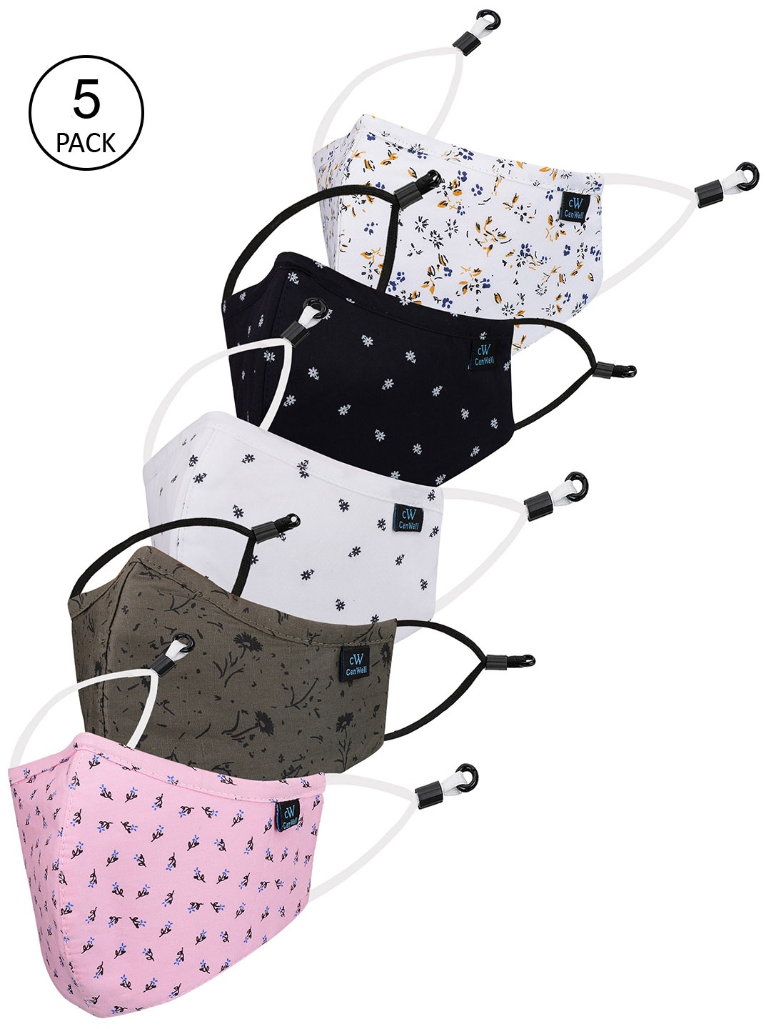

CENWELL Unisex Pack Of 5 Printed 6-Ply Pure Cotton Reusable 3D Cloth Masks, White