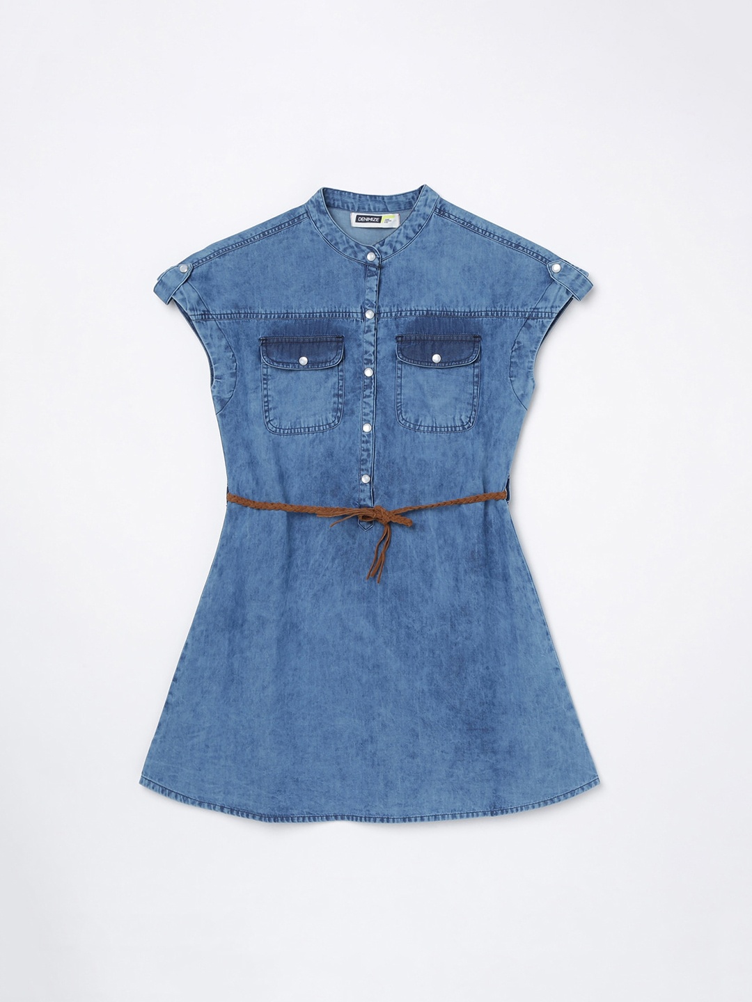

Denimize by Fame Forever Girls Blue Cotton Mandarin Collar A-Line Dress