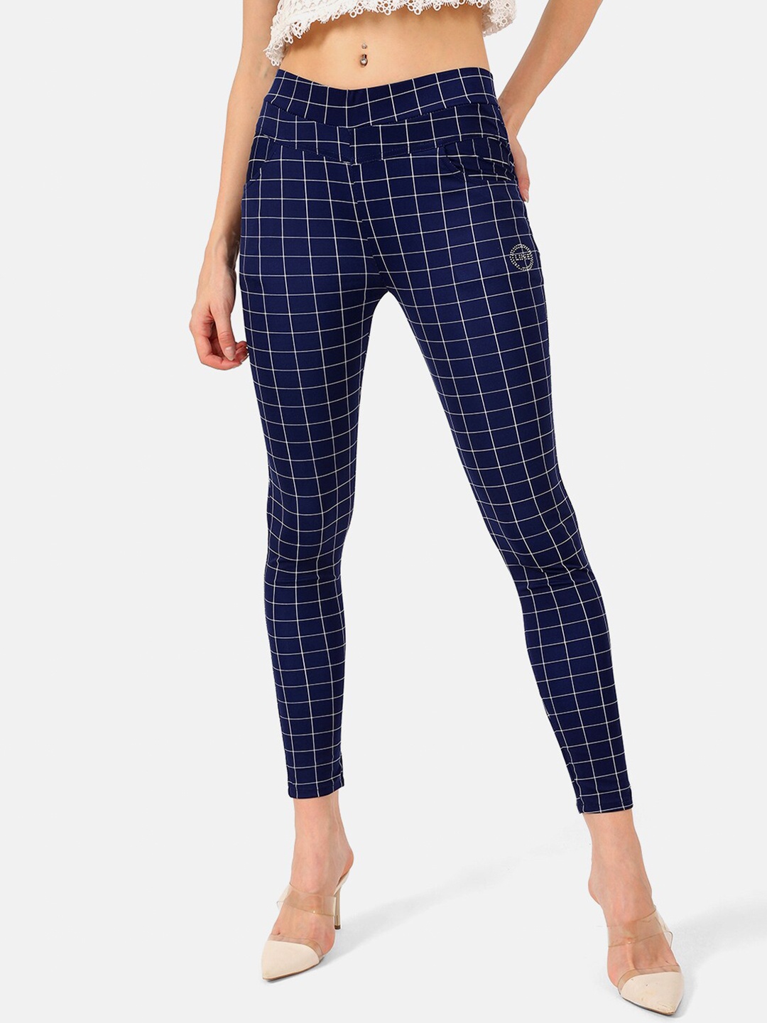 

V2 Value & Variety Women Navy Blue & White Checked Cotton Jeggings